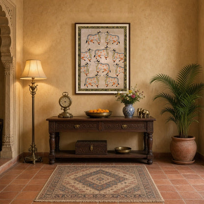 Celebrate the elegance and spiritual symbolism of Pichwai art with this exquisite depiction of nine for Entrance