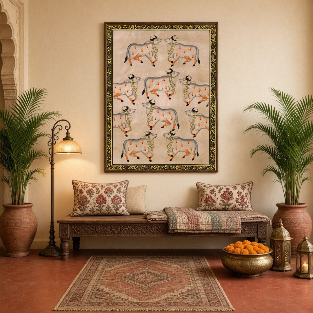 Celebrate the elegance and spiritual symbolism of Pichwai art with this exquisite depiction of nine for Hallway
