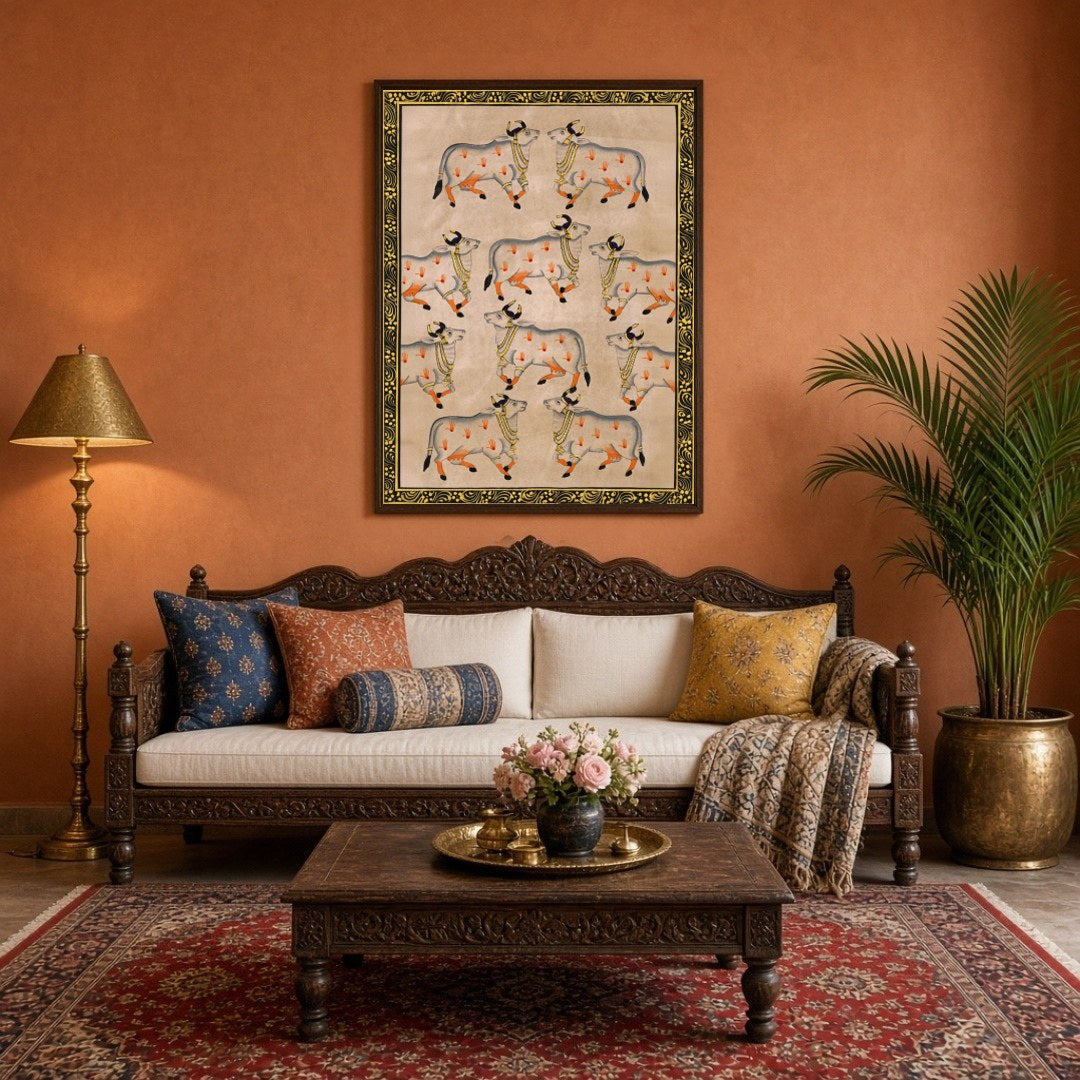 Celebrate the elegance and spiritual symbolism of Pichwai art with this exquisite depiction of nine for Living Room