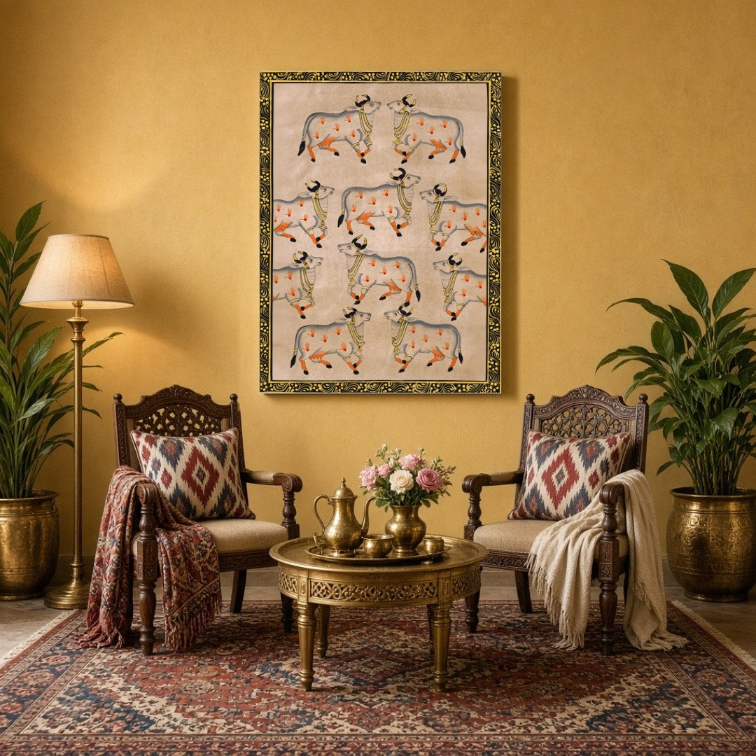 Celebrate the elegance and spiritual symbolism of Pichwai art with this exquisite depiction of nine for Sitting Area