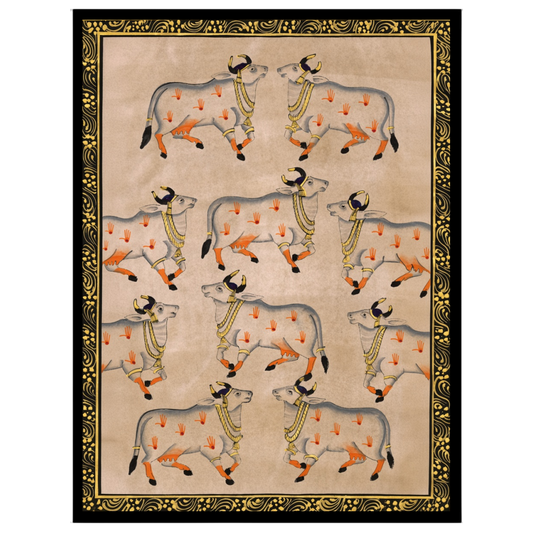 Celebrate the elegance and spiritual symbolism of Pichwai art with this exquisite depiction of nine for space