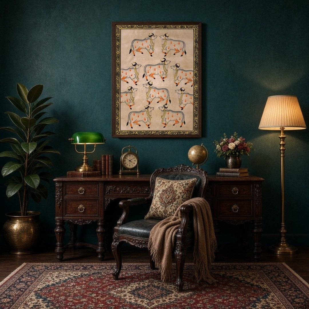 Celebrate the elegance and spiritual symbolism of Pichwai art with this exquisite depiction of nine for Study