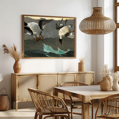 This captivating artwork captures two ducks descending gracefully above tumultuous waves. With for Dining