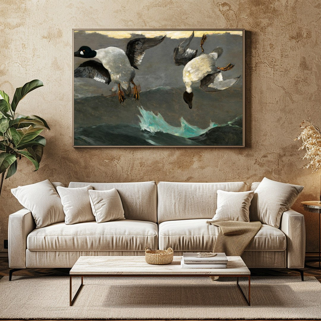 This captivating artwork captures two ducks descending gracefully above tumultuous waves. With for Family Room