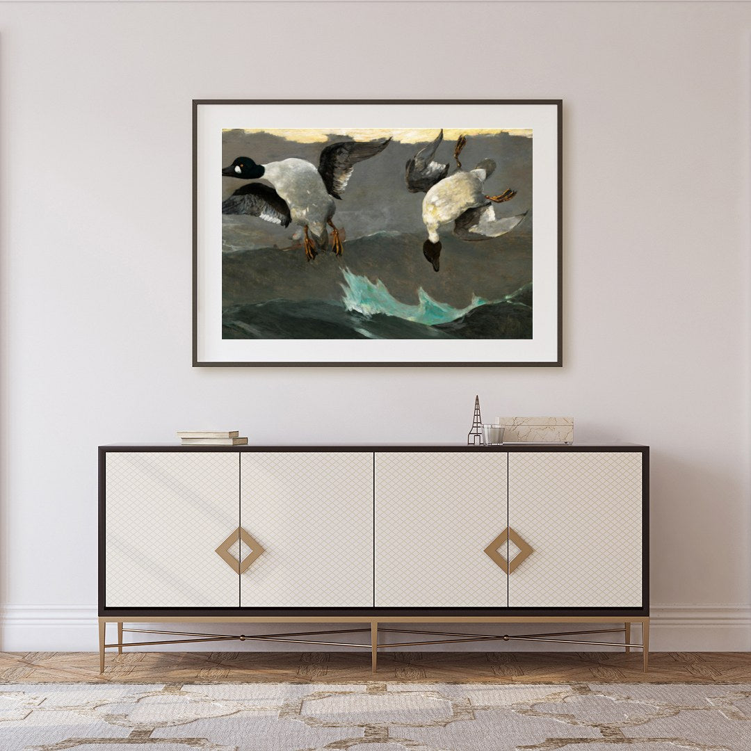 This captivating artwork captures two ducks descending gracefully above tumultuous waves. With for Foyer