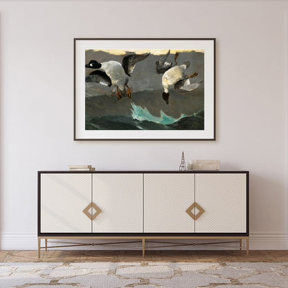 This captivating artwork captures two ducks descending gracefully above tumultuous waves. With for Foyer