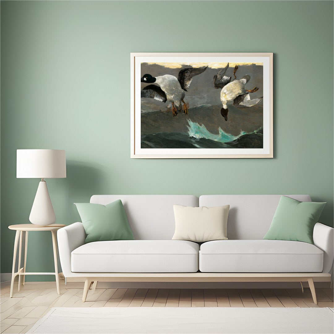 This captivating artwork captures two ducks descending gracefully above tumultuous waves. With for Hall