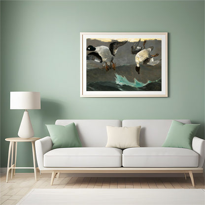 This captivating artwork captures two ducks descending gracefully above tumultuous waves. With for Hall