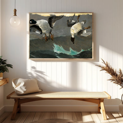 This captivating artwork captures two ducks descending gracefully above tumultuous waves. With for Hallway