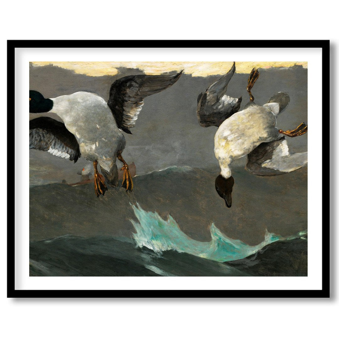 This captivating artwork captures two ducks descending gracefully above tumultuous waves. With for room