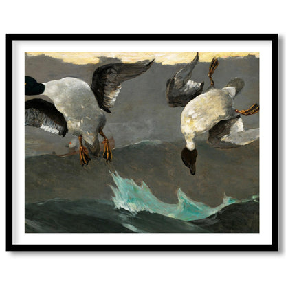This captivating artwork captures two ducks descending gracefully above tumultuous waves. With for room