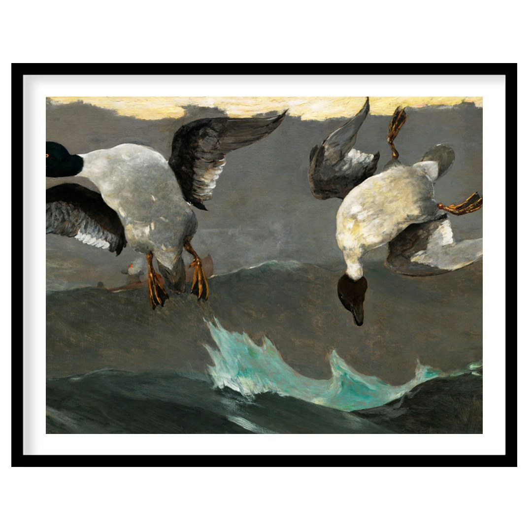 This captivating artwork captures two ducks descending gracefully above tumultuous waves. With for room