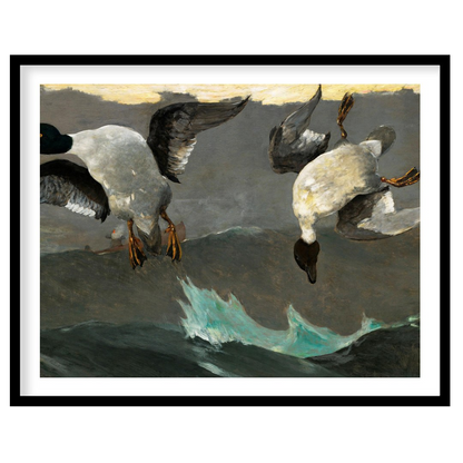 This captivating artwork captures two ducks descending gracefully above tumultuous waves. With for room