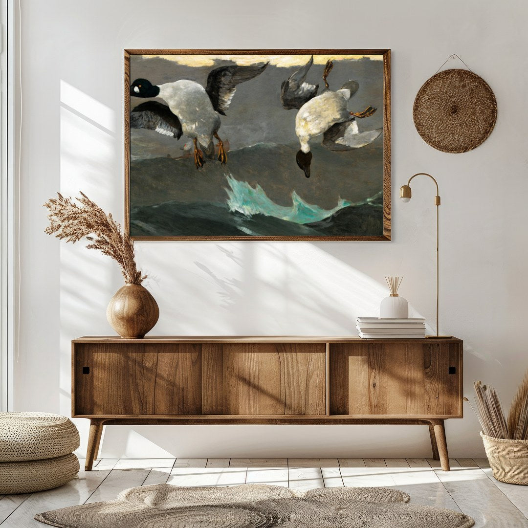 This captivating artwork captures two ducks descending gracefully above tumultuous waves. With for Sitting Area