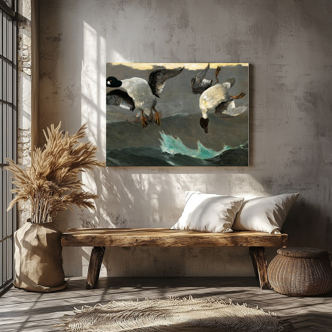 This captivating artwork captures two ducks descending gracefully above tumultuous waves. With for Veranda