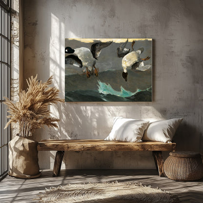 This captivating artwork captures two ducks descending gracefully above tumultuous waves. With for Veranda