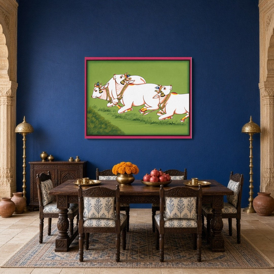 Immerse yourself in the serene elegance of traditional Pichwai art with 'Graceful Gallop.' This for Dining