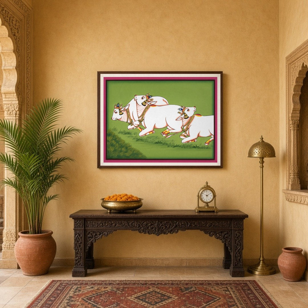 Immerse yourself in the serene elegance of traditional Pichwai art with 'Graceful Gallop.' This for Entrance