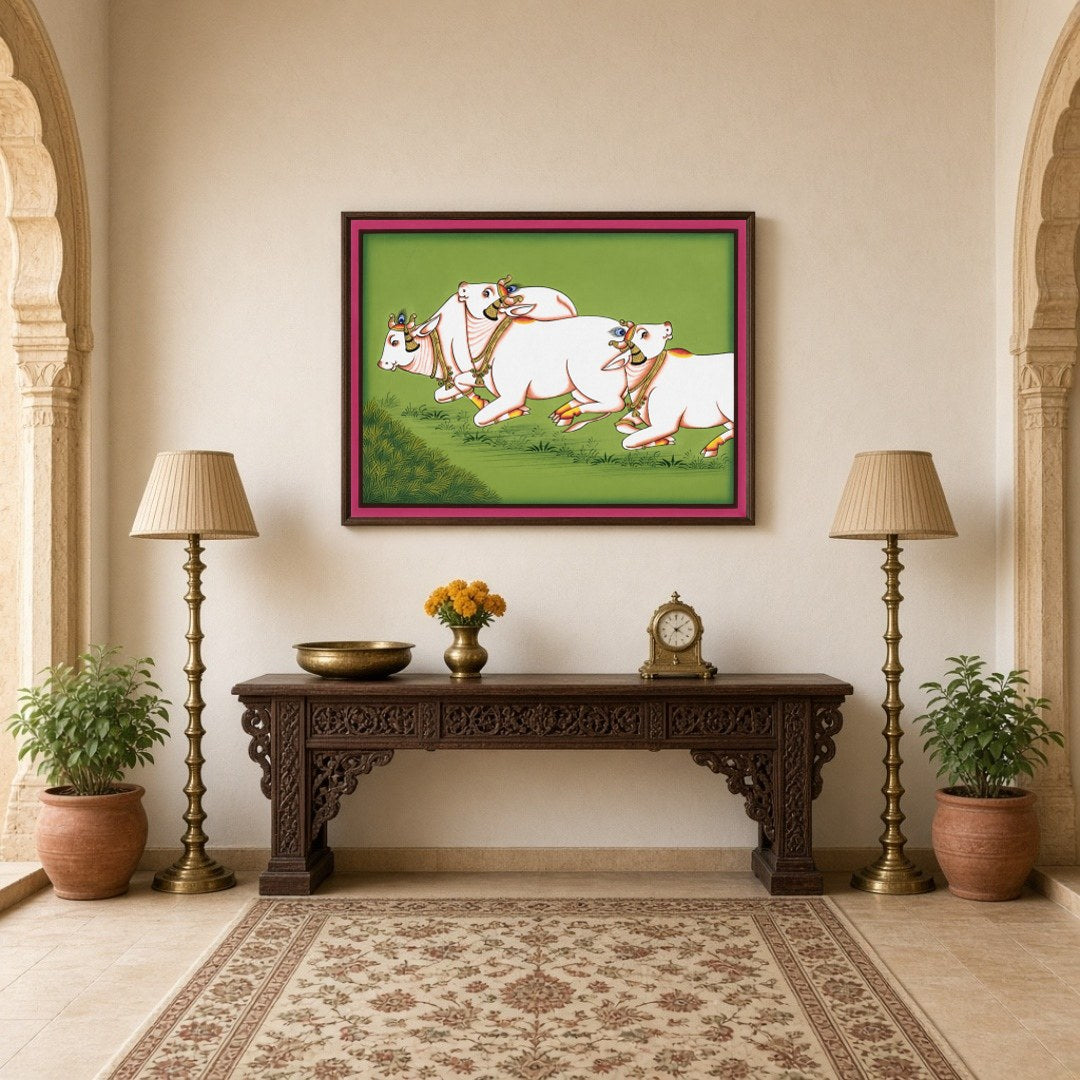 Immerse yourself in the serene elegance of traditional Pichwai art with 'Graceful Gallop.' This for Hallway