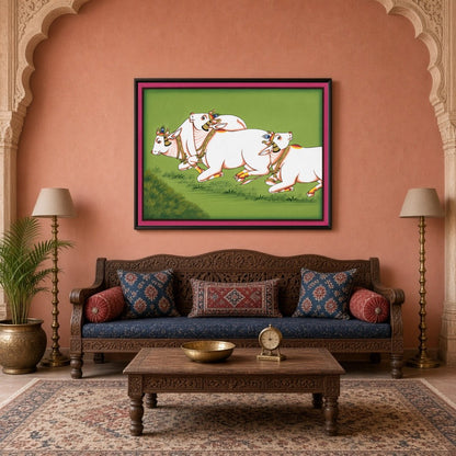 Immerse yourself in the serene elegance of traditional Pichwai art with 'Graceful Gallop.' This for Living Room
