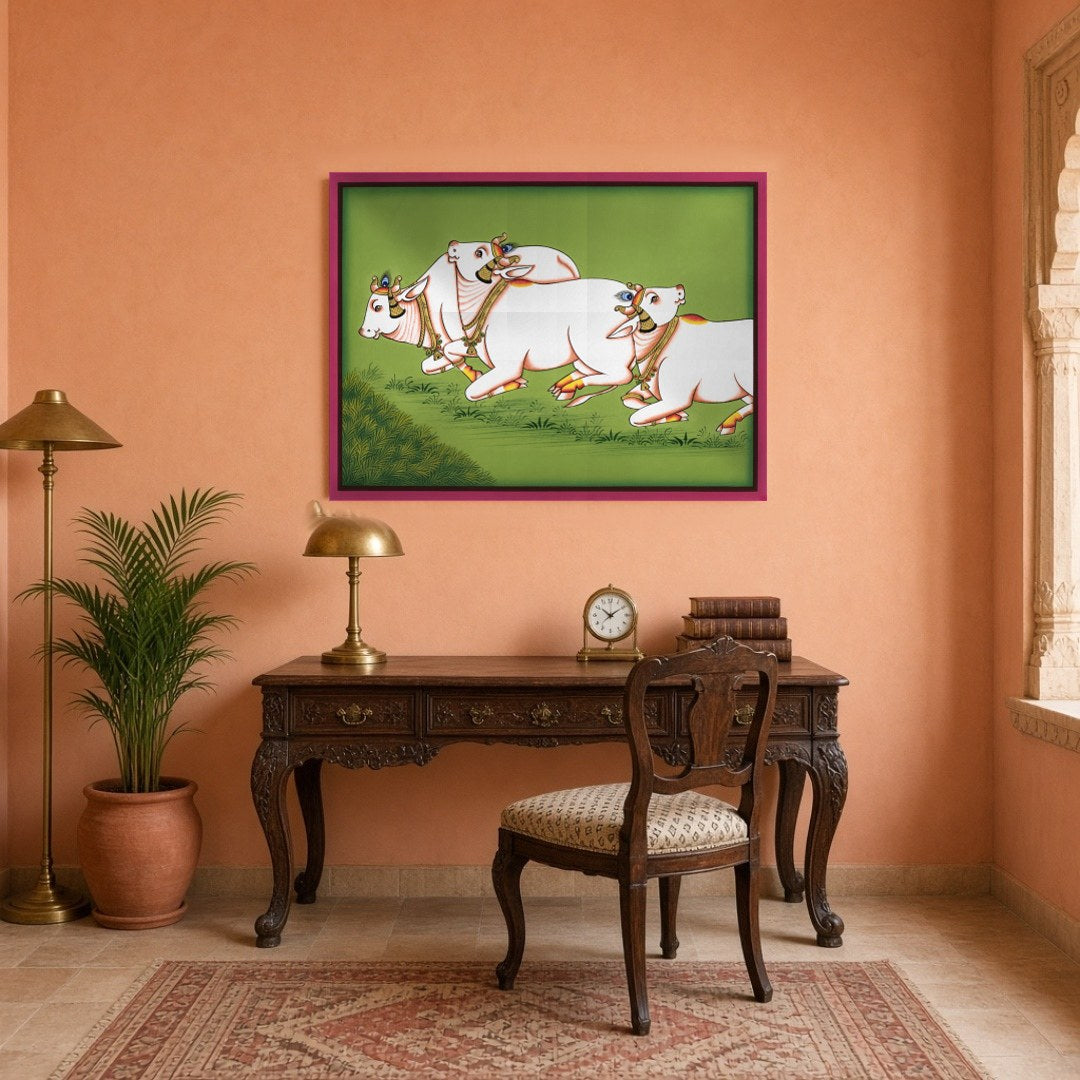 Immerse yourself in the serene elegance of traditional Pichwai art with 'Graceful Gallop.' This for Study