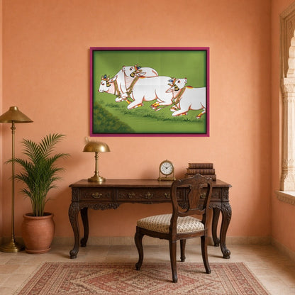 Immerse yourself in the serene elegance of traditional Pichwai art with 'Graceful Gallop.' This for Study