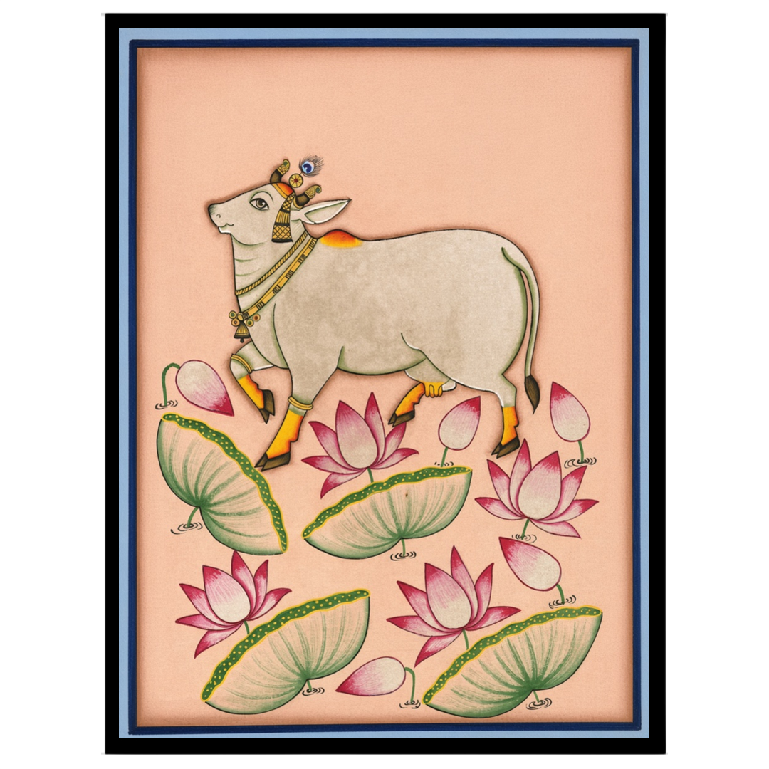 Immerse yourself in the tranquil beauty of this Pichwai artwork featuring a majestic Kamdhenu cow for dwelling