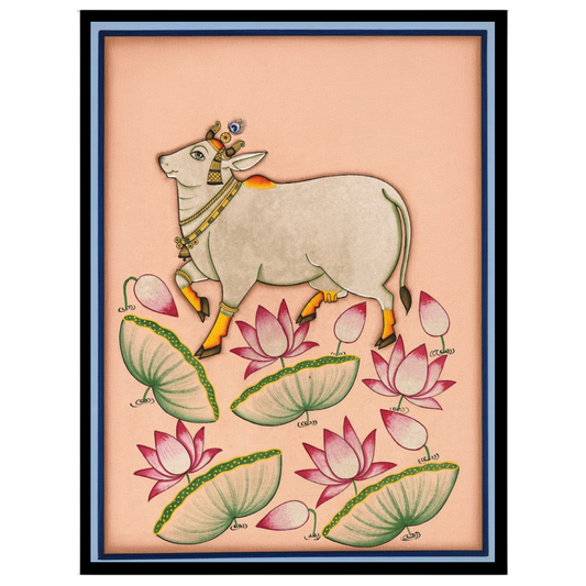 Immerse yourself in the tranquil beauty of this Pichwai artwork featuring a majestic Kamdhenu cow for dwelling