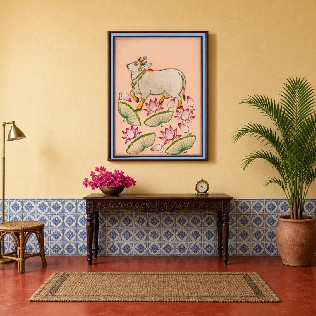 Immerse yourself in the tranquil beauty of this Pichwai artwork featuring a majestic Kamdhenu cow for Hallway