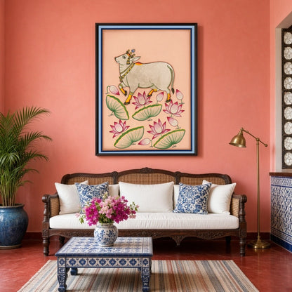 Immerse yourself in the tranquil beauty of this Pichwai artwork featuring a majestic Kamdhenu cow for Living Room