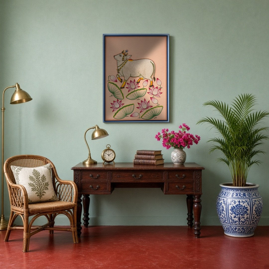 Immerse yourself in the tranquil beauty of this Pichwai artwork featuring a majestic Kamdhenu cow for Study