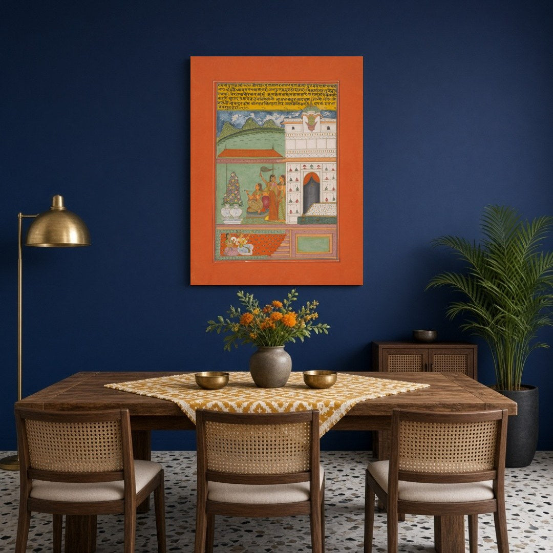 Immerse yourself in the tranquil elegance of Ragamala artistry with this captivating print. A for Dining