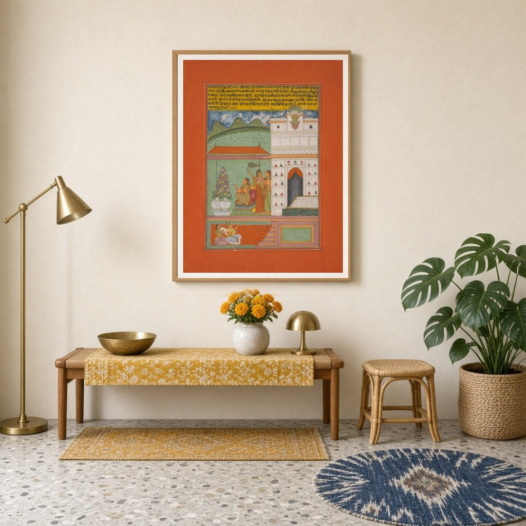 Immerse yourself in the tranquil elegance of Ragamala artistry with this captivating print. A for Entrance