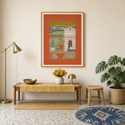 Immerse yourself in the tranquil elegance of Ragamala artistry with this captivating print. A for Entrance
