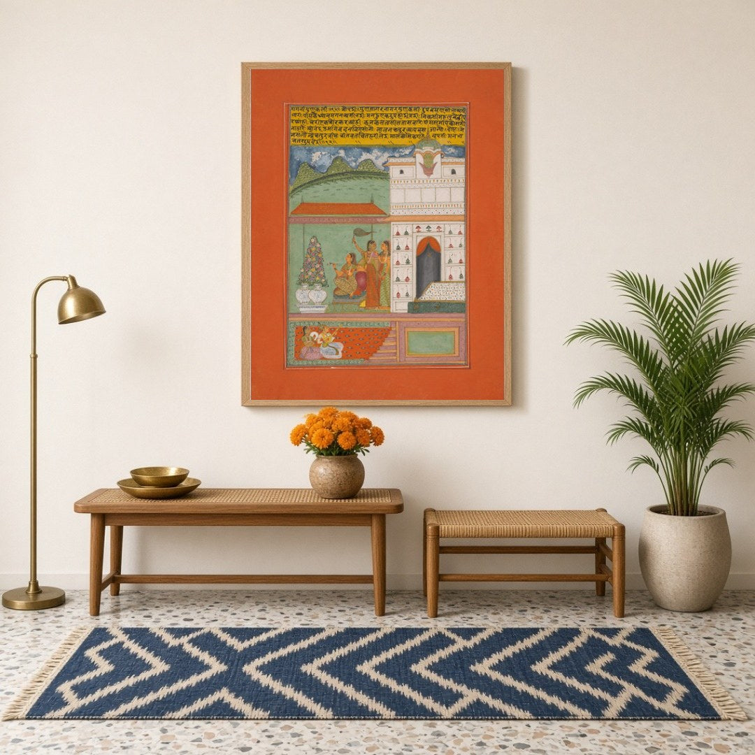 Immerse yourself in the tranquil elegance of Ragamala artistry with this captivating print. A for Hallway