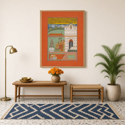 Immerse yourself in the tranquil elegance of Ragamala artistry with this captivating print. A for Hallway