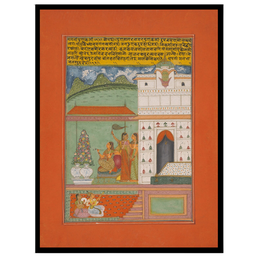 Immerse yourself in the tranquil elegance of Ragamala artistry with this captivating print. A for house