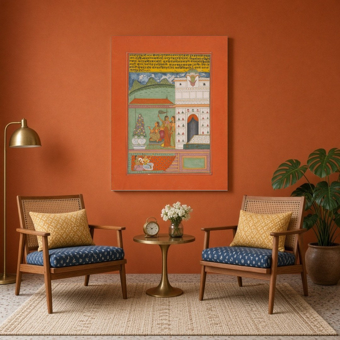 Immerse yourself in the tranquil elegance of Ragamala artistry with this captivating print. A for Sitting Area