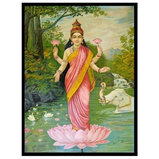This exquisite Pichwai artwork features the divine Goddess Lakshmi standing gracefully on a for hallway