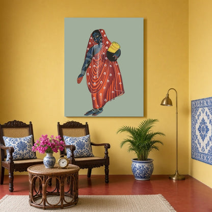 This stunning Kalighat artwork captures the ethereal beauty of Mohini, the female form of Vishnu, for Sitting Area