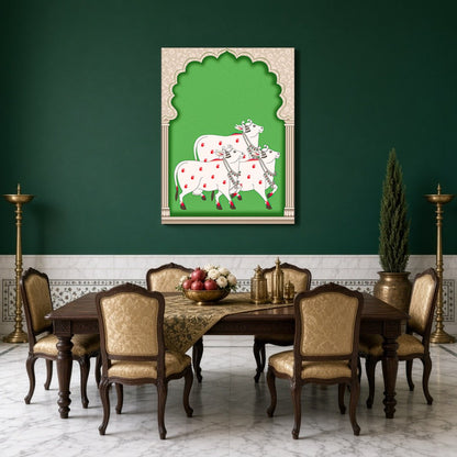 This captivating Pichwai artwork showcases a serene procession of elegantly adorned cows set for Dining
