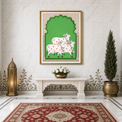 This captivating Pichwai artwork showcases a serene procession of elegantly adorned cows set for Entrance