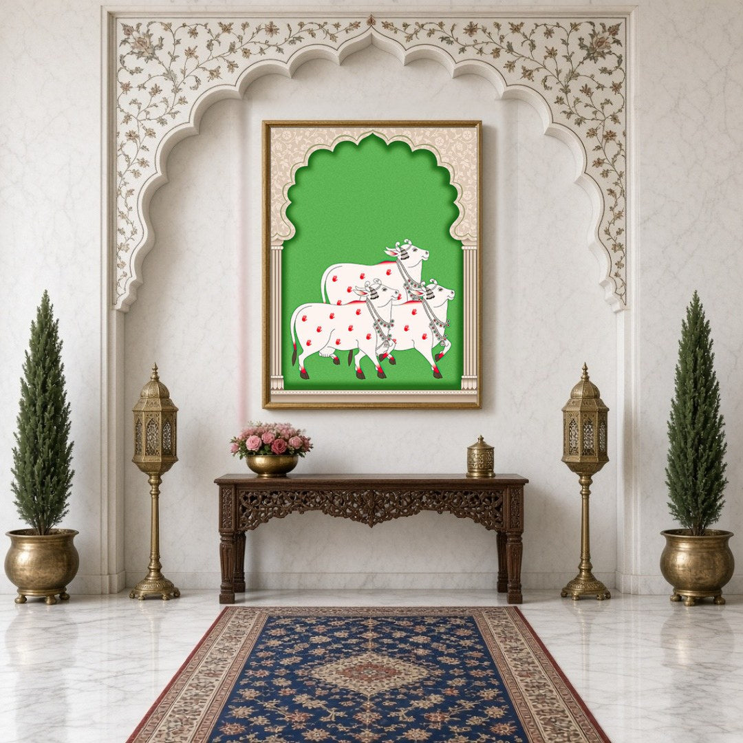 This captivating Pichwai artwork showcases a serene procession of elegantly adorned cows set for Hallway