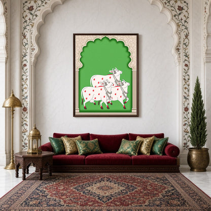 This captivating Pichwai artwork showcases a serene procession of elegantly adorned cows set for Living Room