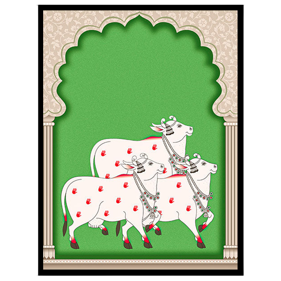 This captivating Pichwai artwork showcases a serene procession of elegantly adorned cows set for retreat