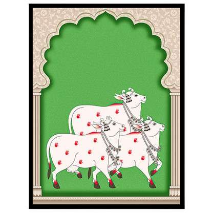 This captivating Pichwai artwork showcases a serene procession of elegantly adorned cows set for retreat