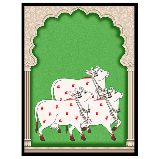 This captivating Pichwai artwork showcases a serene procession of elegantly adorned cows set for retreat