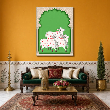 This captivating Pichwai artwork showcases a serene procession of elegantly adorned cows set for Sitting Area