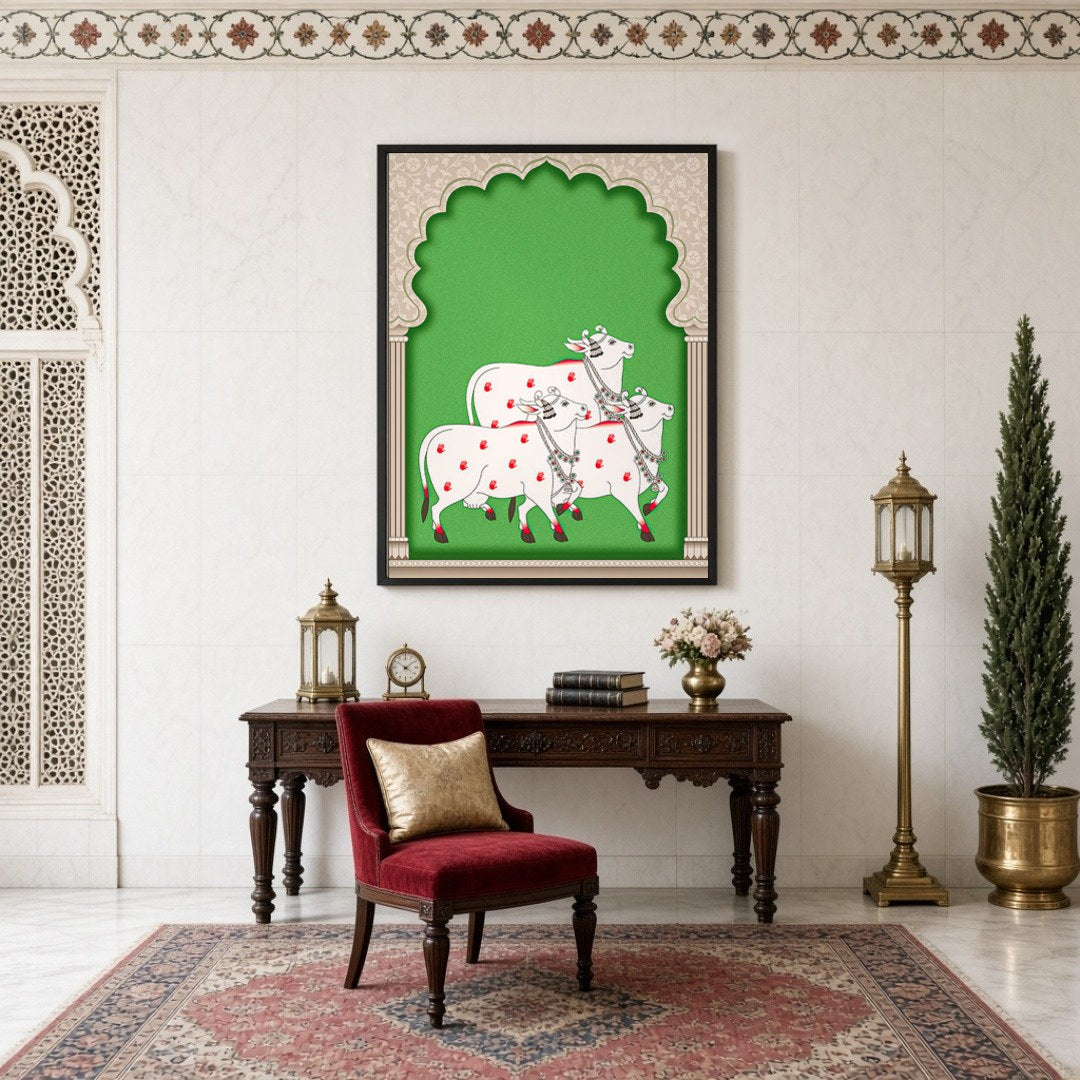 This captivating Pichwai artwork showcases a serene procession of elegantly adorned cows set for Study