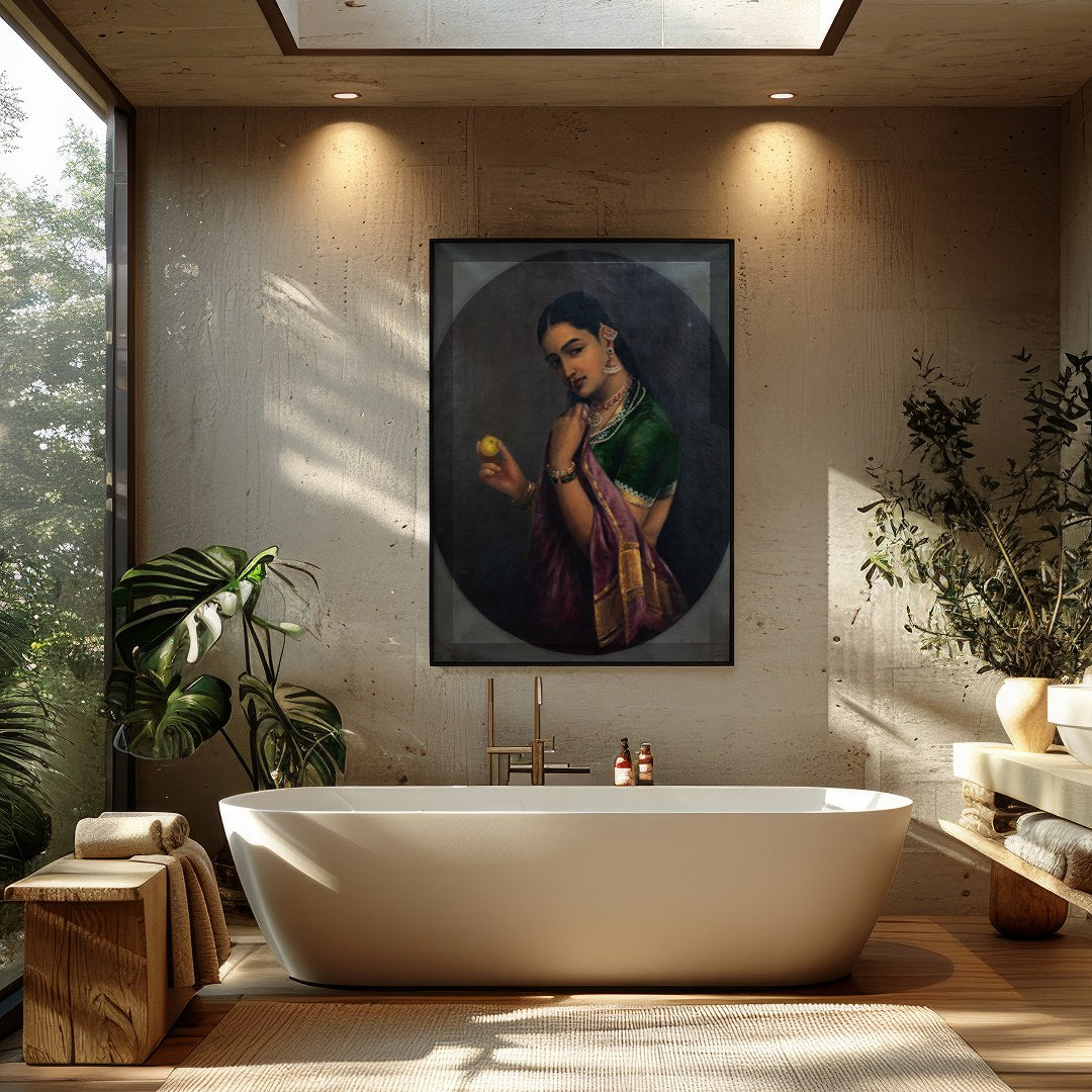 This exquisite portrait captures the timeless beauty and grace of a traditional figure, adorned in for Bathroom